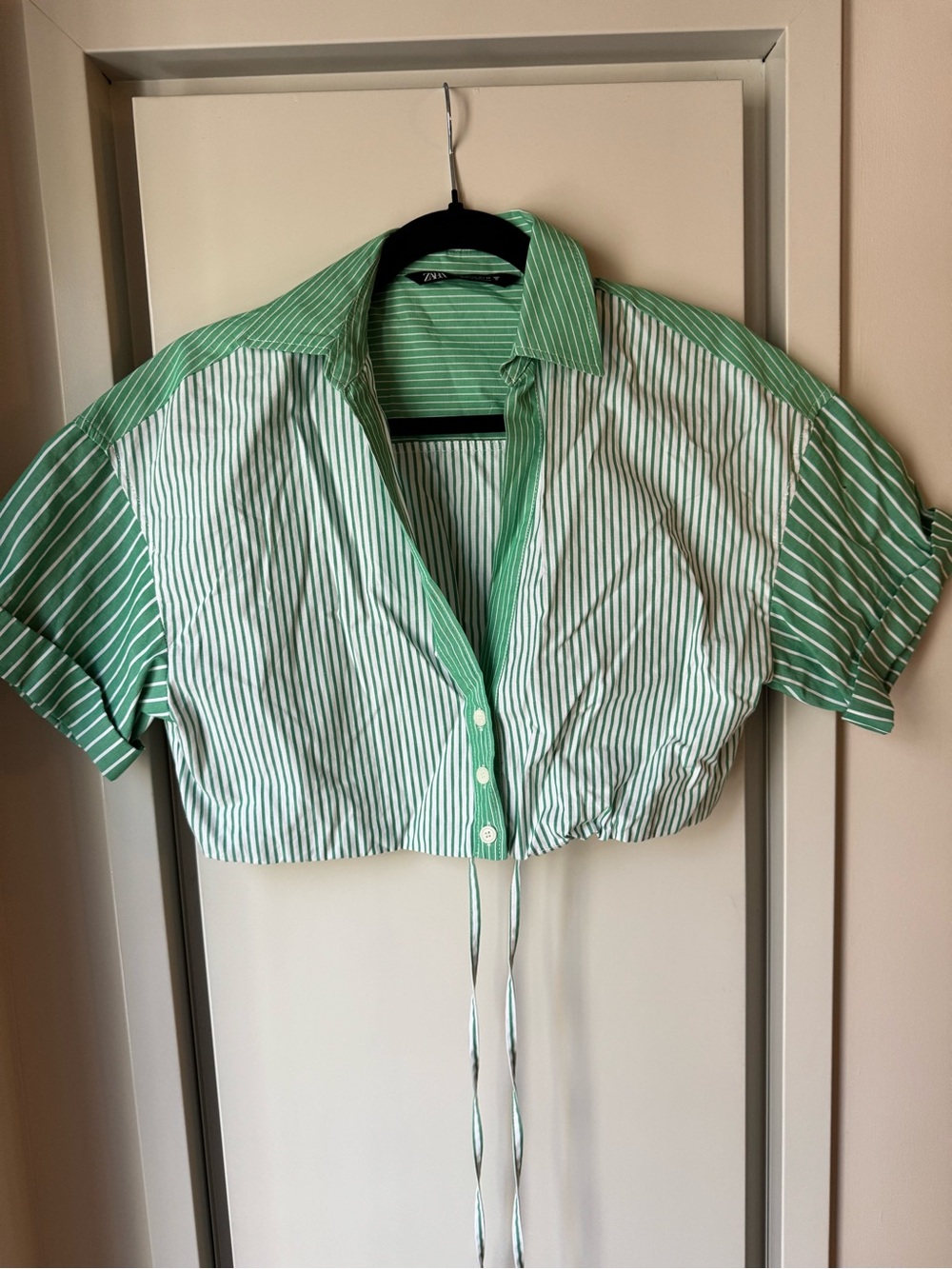 ZARA Cropped Green & White Striped Button-Up Shirt